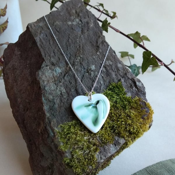 Porcelain Ceramic Heart Snowdrop Necklace on Sterling Silver Chain