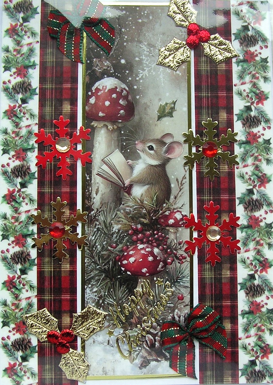 Hand Crafted Decoupage Chistmas Card - Happy Christmas (3237) Mouse & Toadstool