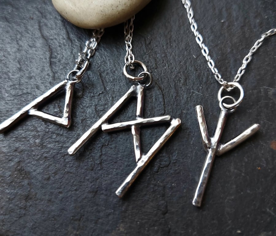 Silver Rune Necklace , hammered rune pendant