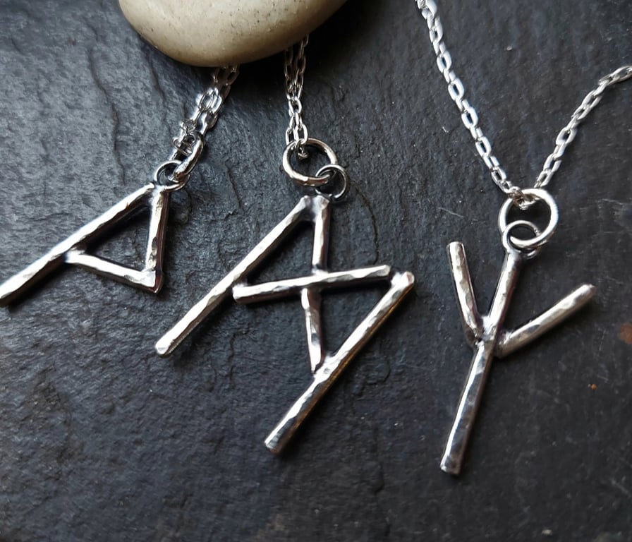 Silver Rune Necklace , hammered rune pendant