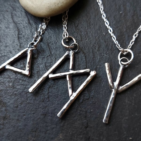 Silver Rune Necklace , hammered rune pendant