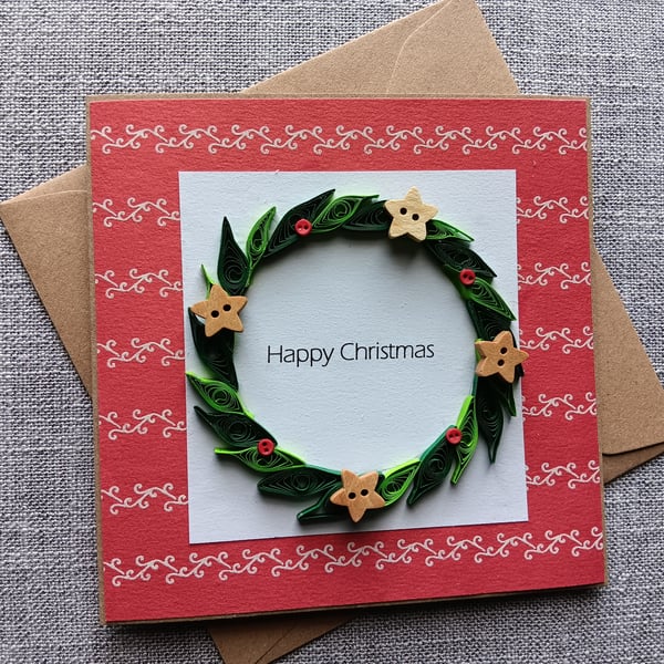Quilled Wreath Christmas Card with Buttons Size 5"x 5"