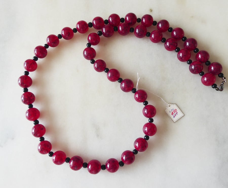 Extra Long Dark Red and Black Chunky Beaded Necklace - Summer Seconds