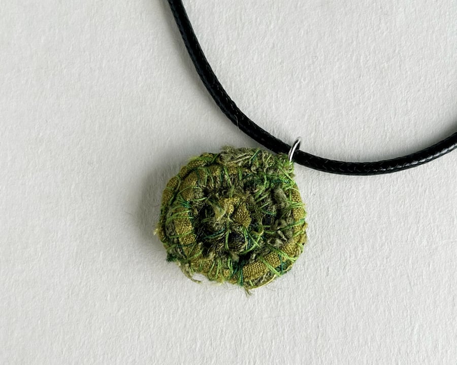 Green moss textile art pendant, green necklace