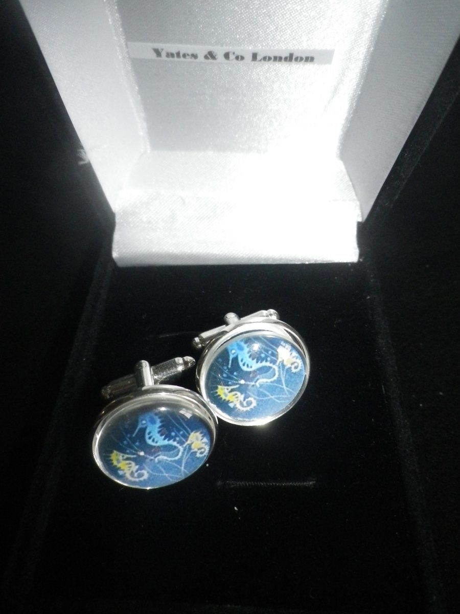 Blue Seahorse cufflinks, matching tie clip available, free UK shipping.....