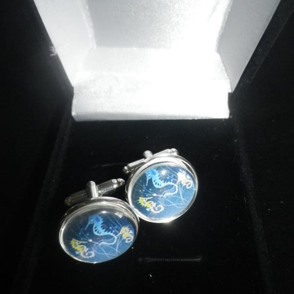 Blue Seahorse cufflinks, matching tie clip available, free UK shipping.....