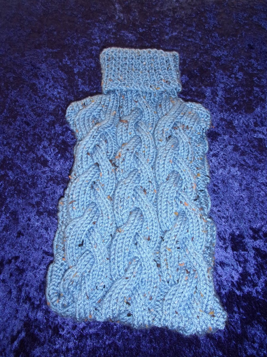 Blue Tweed Aran Hand Knitted Hot Water Bottle Cover