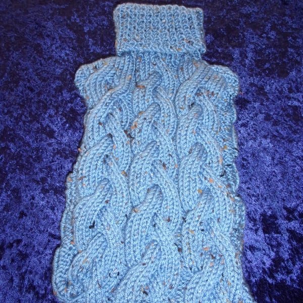 Blue Tweed Aran Hand Knitted Hot Water Bottle Cover