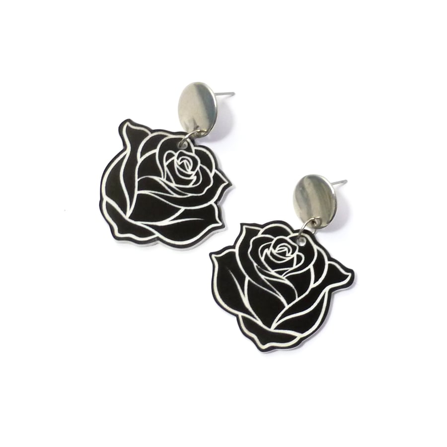 Black rose earrings, pair of laser engraved black dangle earrings on steel studs