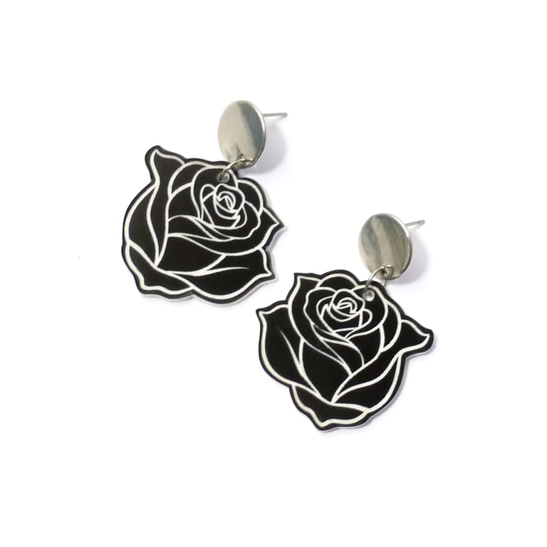 Black rose earrings, pair of laser engraved black dangle earrings on steel studs