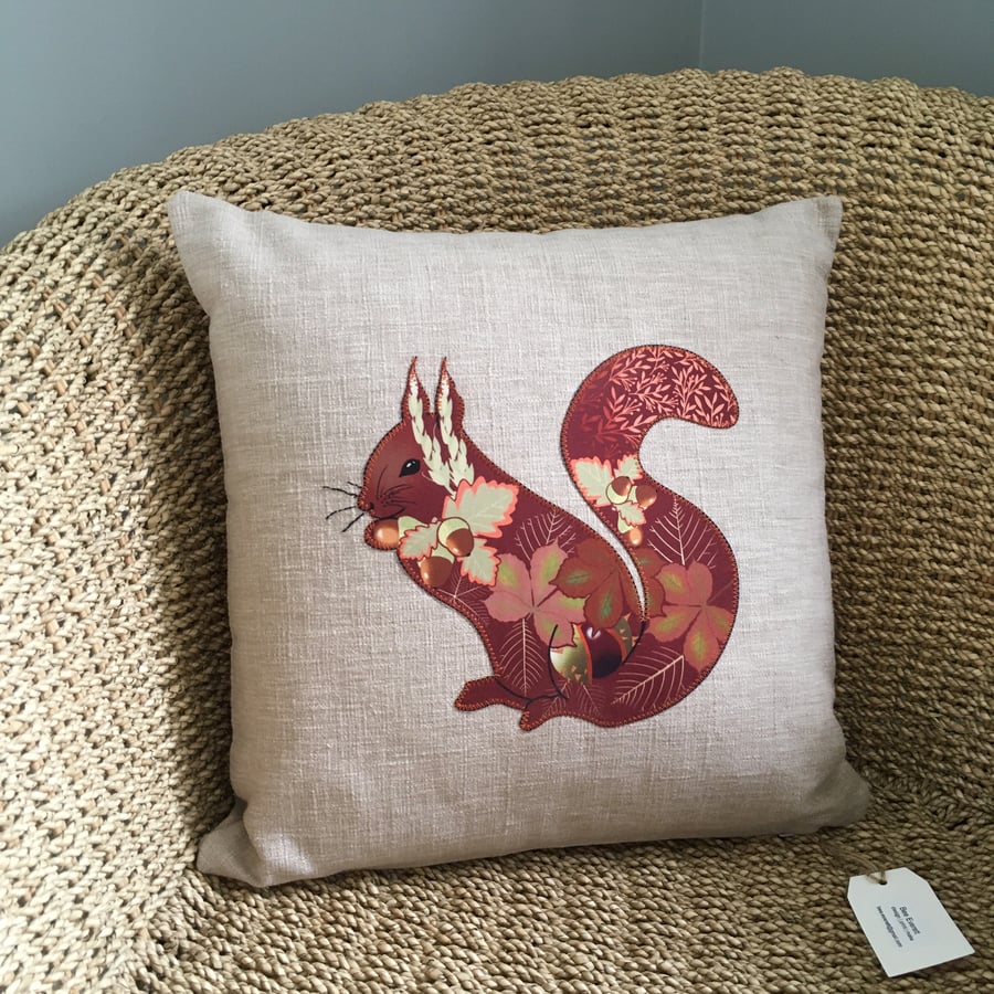 Handprinted & appliquéd cushion Foraging Red Squirrel