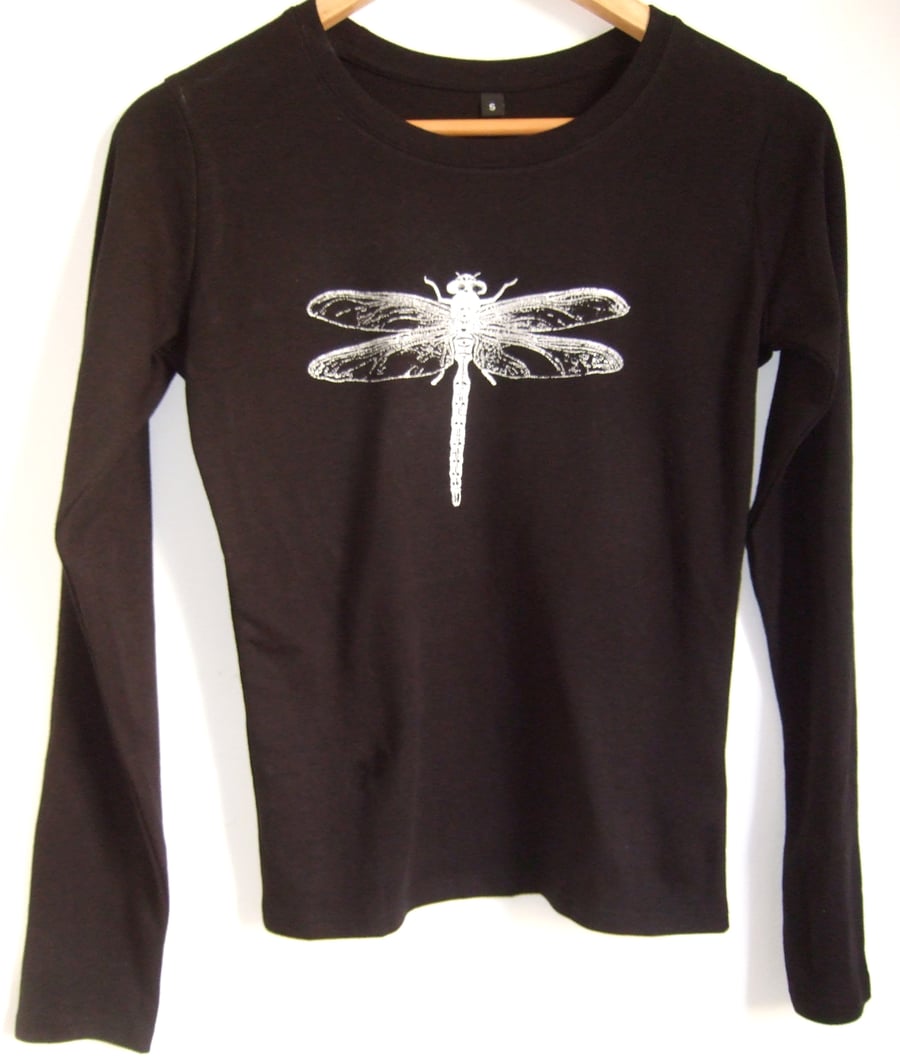Dragonfly womens black long sleeve  cotton T shirt silver print size small