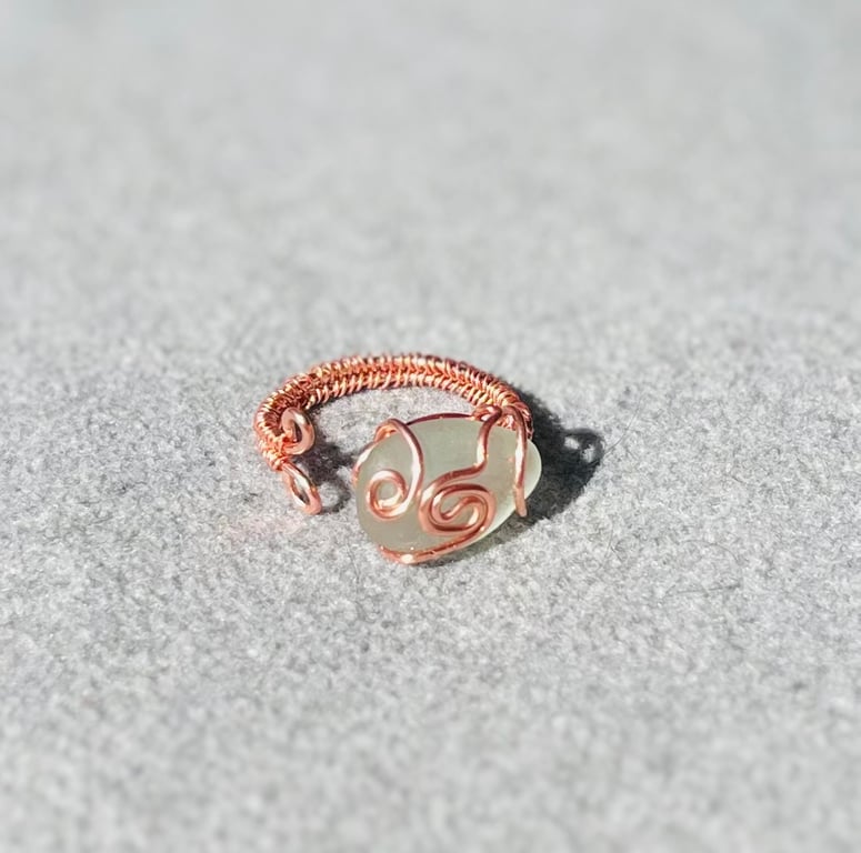 Wire wrapped copper Scottish sea glass ring (adjustable size Q-U)