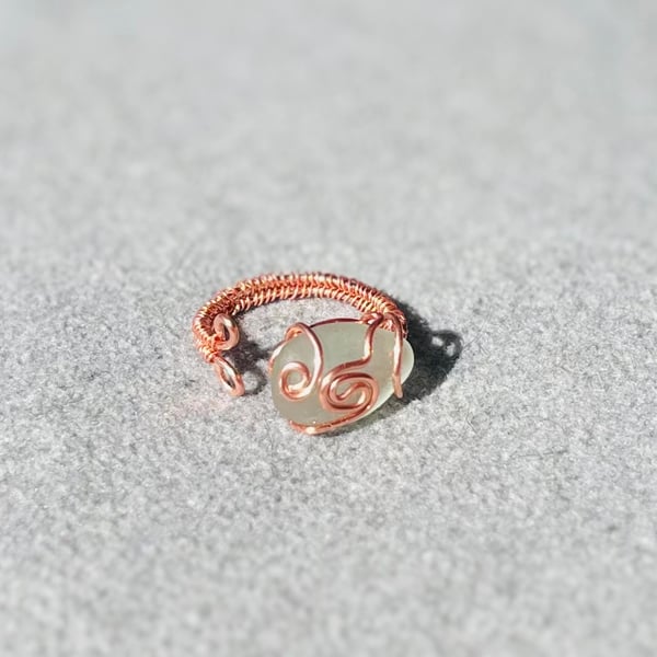 Wire wrapped copper Scottish sea glass ring (adjustable size Q-U)