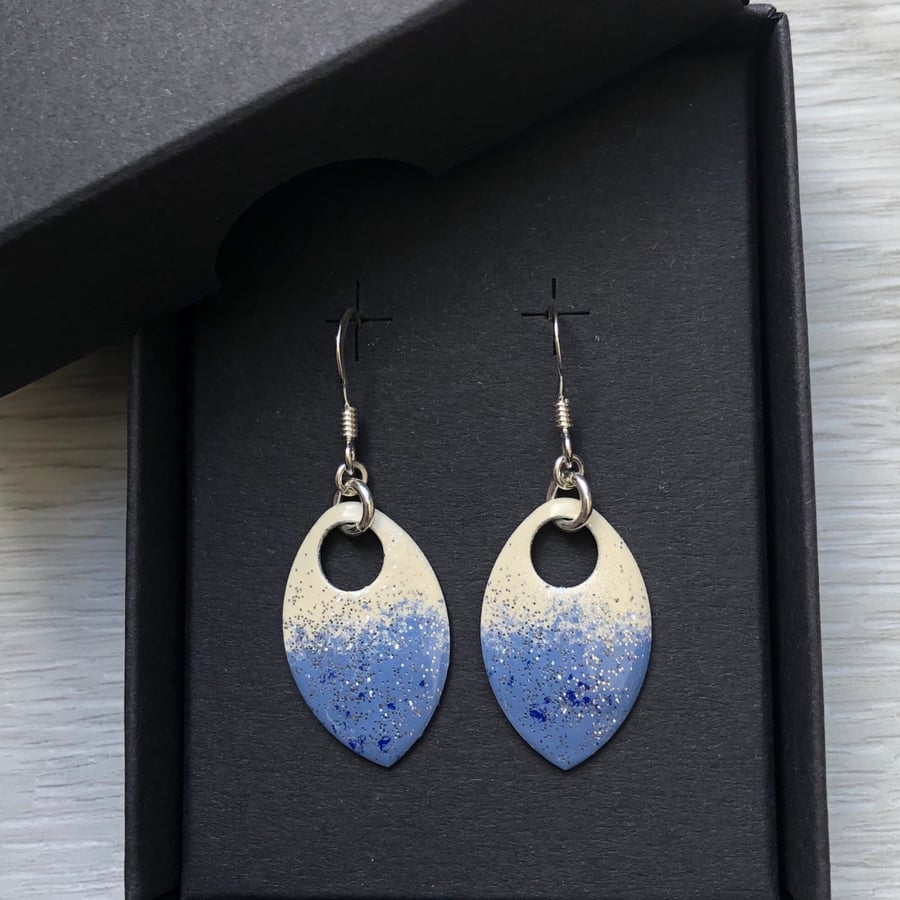 Cream & blue with a touch of glitter enamel scale earrings. Sterling silver. 