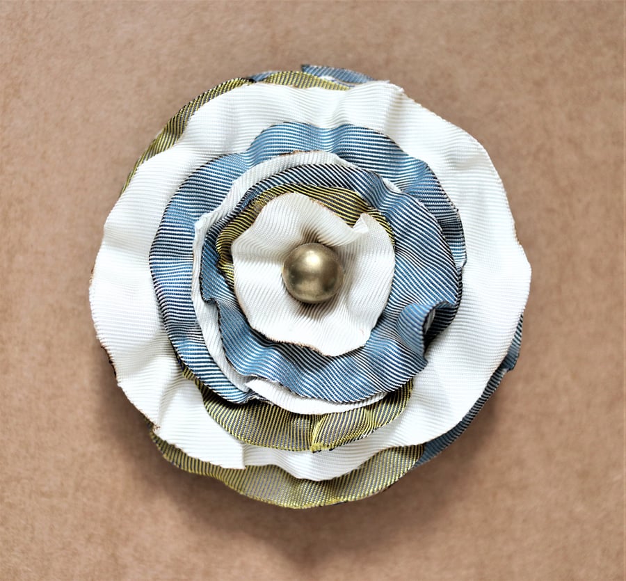 Up-cycled gold, ash grey and ivory color textile floral design brooch
