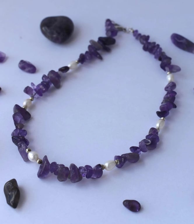Amethyst Chip & White Freshwater Pearl Necklace - Handmade Gemstone Jewellery