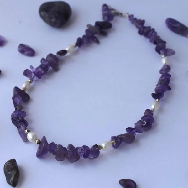 Amethyst Chip & White Freshwater Pearl Necklace - Handmade Gemstone Jewellery