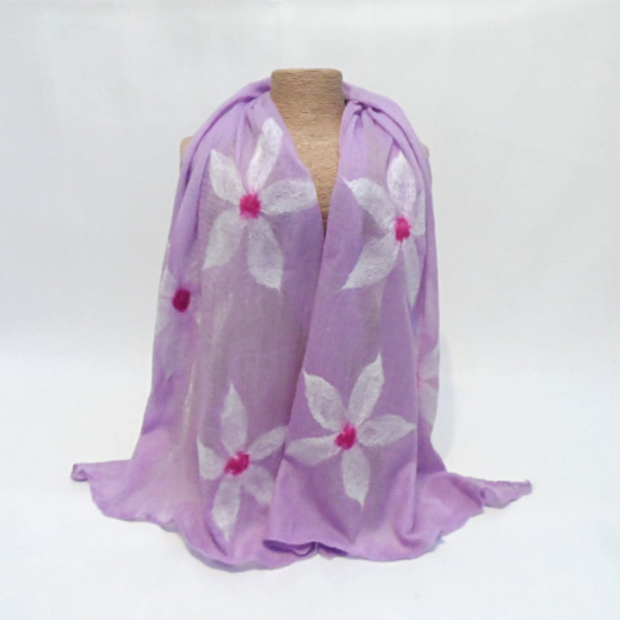 Nuno felted lilac scarf with white flowers, wool on silk