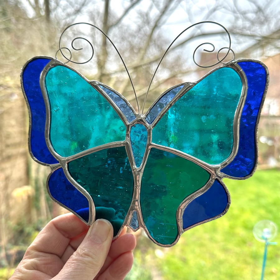 Stained Glass Large Butterfly Suncatcher - Handmade Decoration - Blue Turquoise