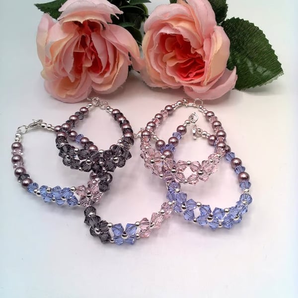 Pearl and Crystal Square Design Bracelets, Shapes of Lilac Bracelets, Boho Chic