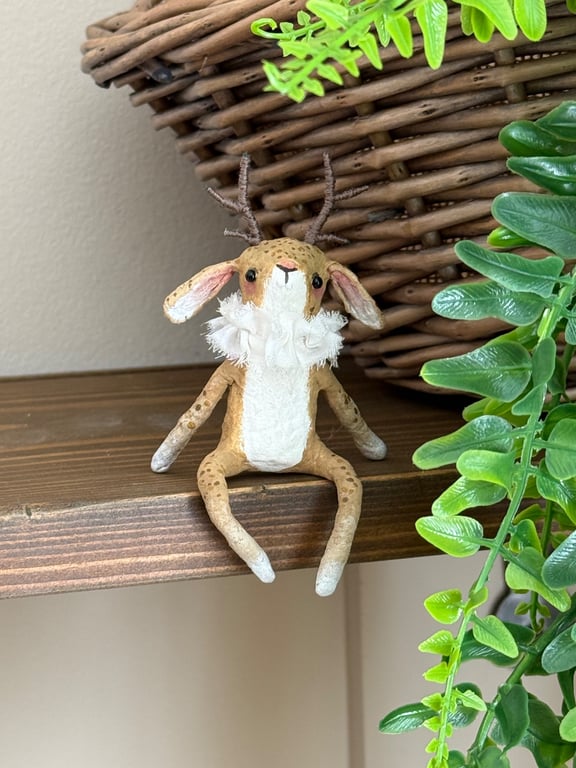 Spun Cotton Sitting Jackalope Art Doll Caramel