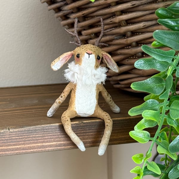 Spun Cotton Sitting Jackalope Art Doll Caramel