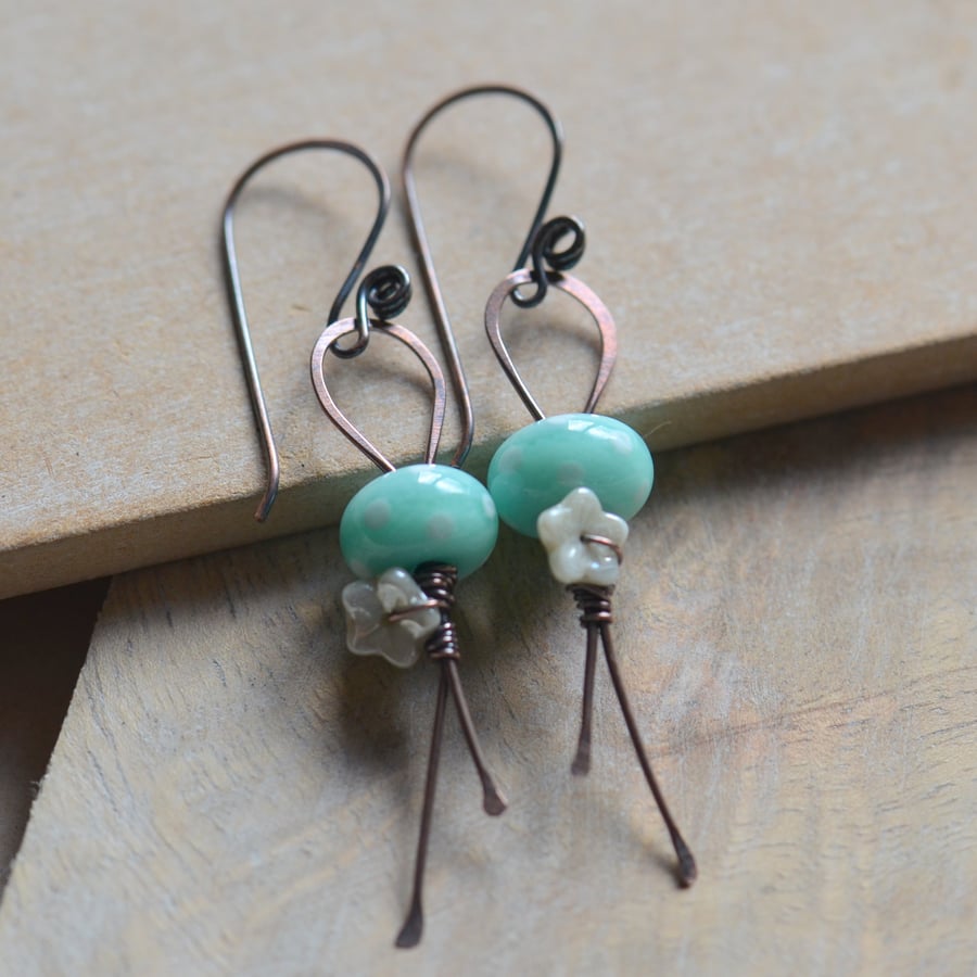 Mint Green Polka Dot Lampwork Glass and Copper Earrings with Flower