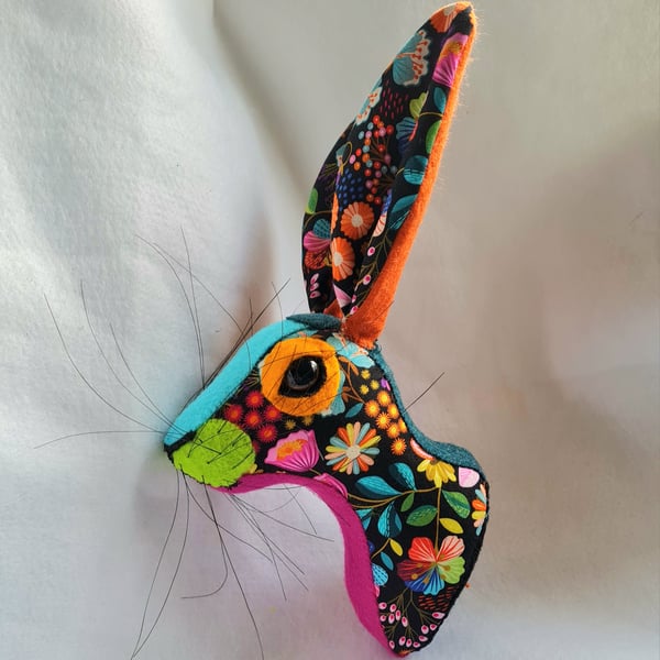 Faux hare head wall mount in colourful floral fabric -Mr Kite