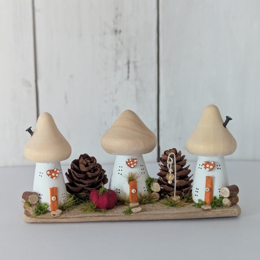 Autumn Toadstool Row - Handmade Wooden Autumnal Home Decor 