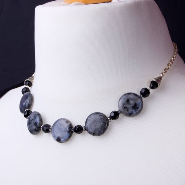 Larvikite (dark moonstone) necklace - coin bead and chain statement necklace 