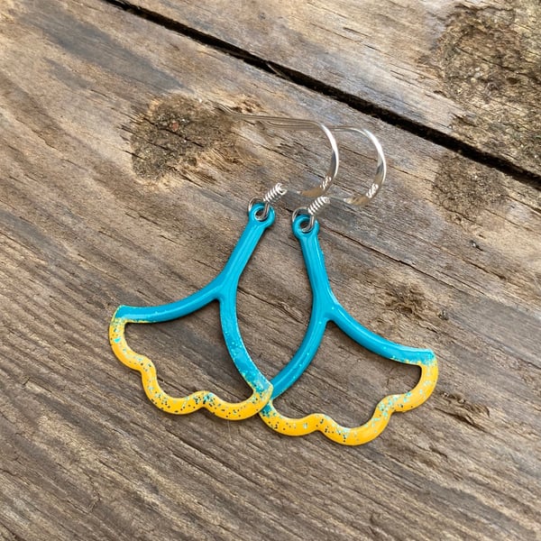 Turquoise, Mustard & Glitter Enamel Flower on Sterling Silver Earrings