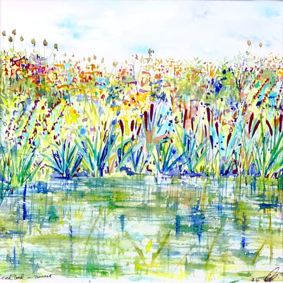 Framed Square Fen Landscape Watercolourl Painting of Reedbed & Teasels in Summer