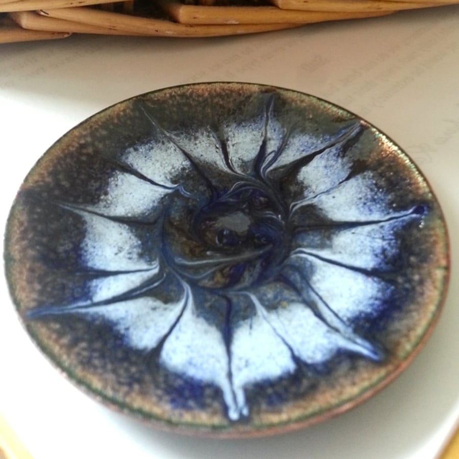 Enamel dish - scrolled pastel blue and dark blue on black