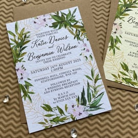 10 WEDDING INVITES Blush pink flowers laurel golden wreath cards invitations
