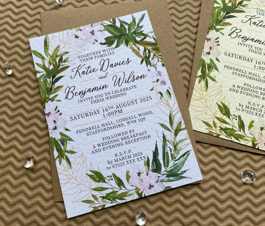 10 WEDDING INVITES Blush pink flowers laurel golden wreath cards invitations