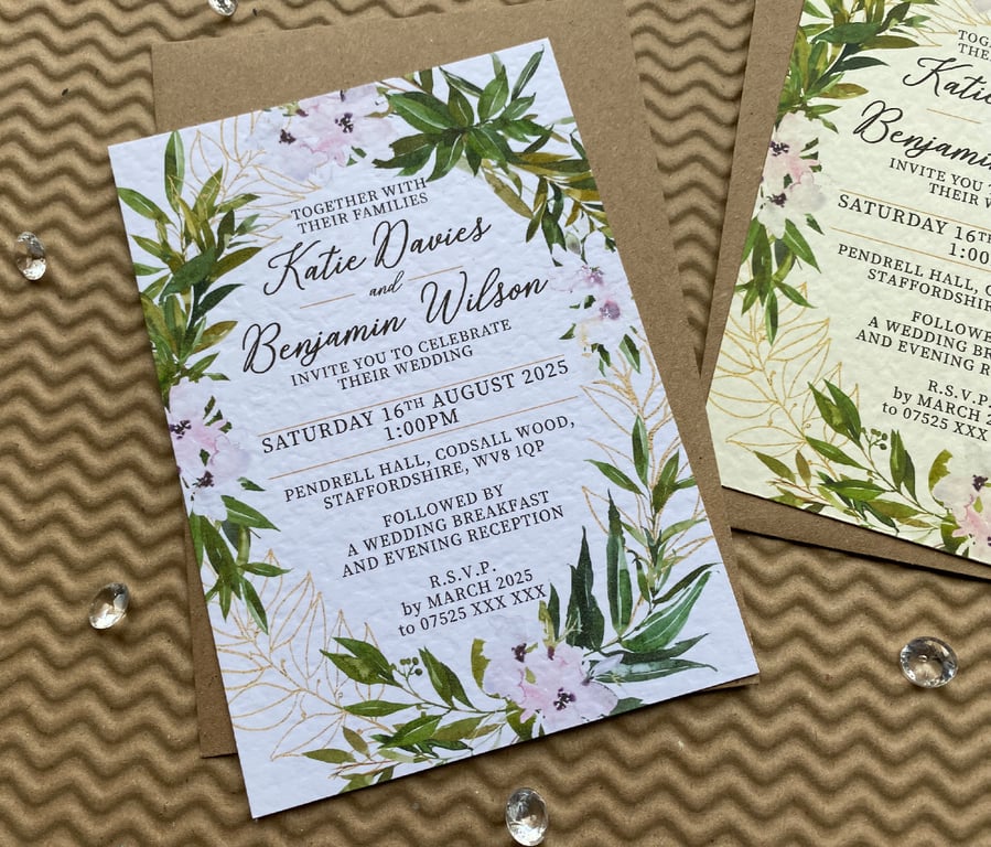 10 WEDDING INVITES Blush pink flowers laurel golden wreath cards invitations