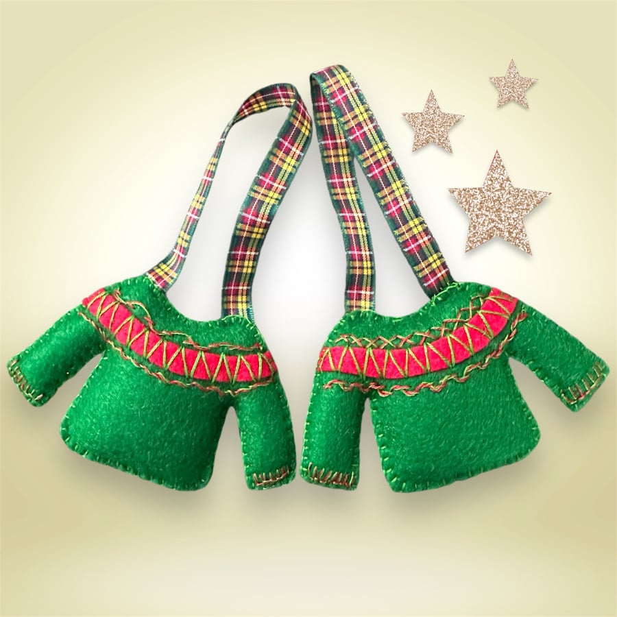 Christmas jumpers x 2, his and hers embroidered felt Christmas tree decorations