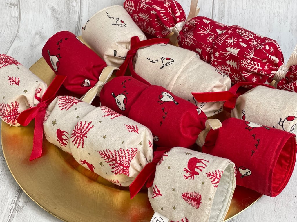 Set of 4 Reusable Christmas Crackers. Scandi robins and tree with velvet ribbons