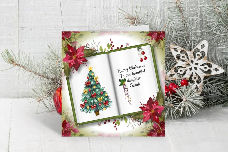 Personalised Open Book Christmas Card with Christmas Tree Design