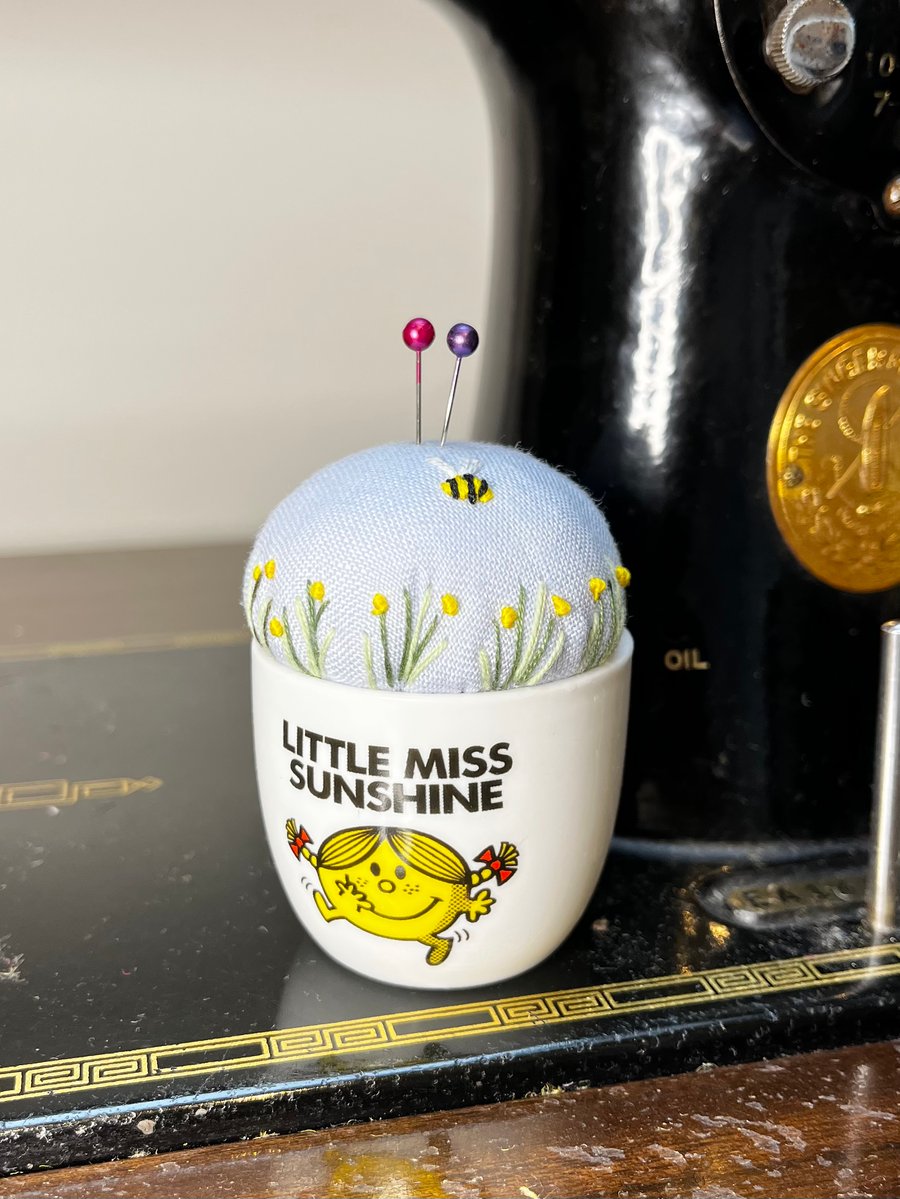 Little Miss Sunshine egg cup embroidered pin cushion with bee and flowers