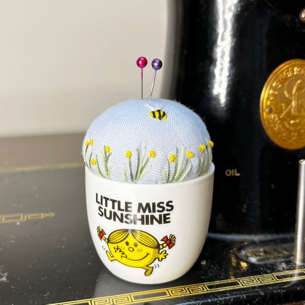 Little Miss Sunshine egg cup embroidered pin cushion with bee and flowers