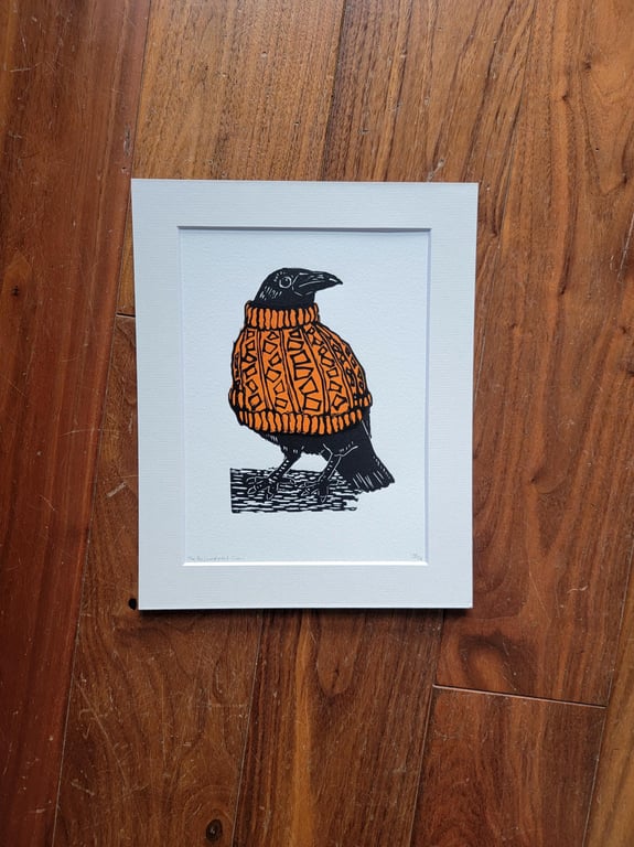 Crow in an orange jumper - handmade linocut bird art print