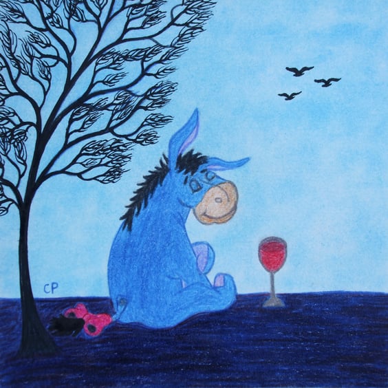 Eeyore Birthday Card, Donkey Card, Funny Birthday Art Card, Red Wine Card