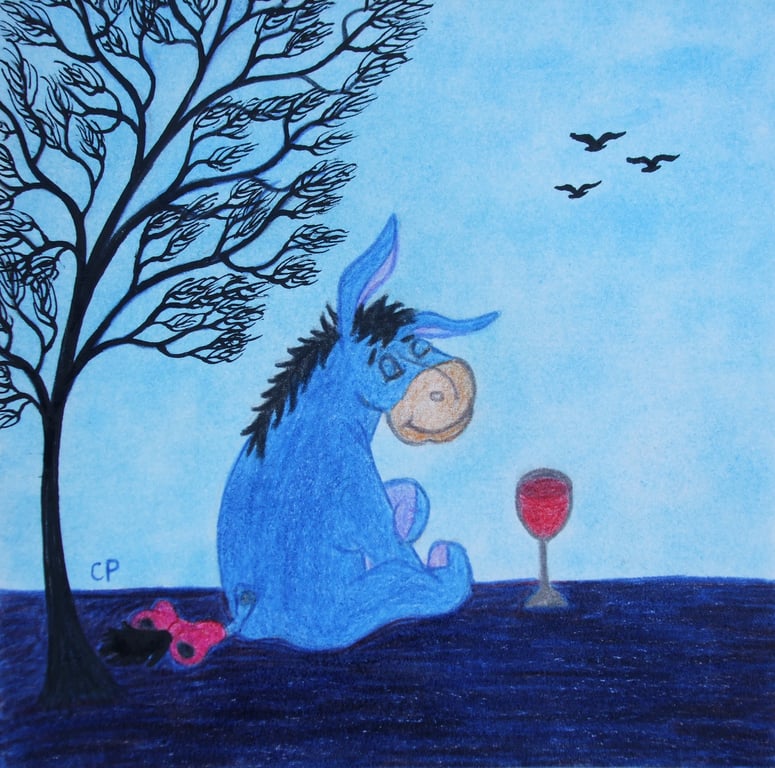 Eeyore Birthday Card, Donkey Card, Funny Birthday Art Card, Red Wine Card