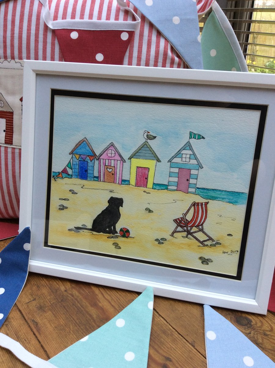 "Labrador at the Seaside" Water Colour and Pen painting.