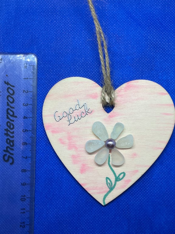 Wooden heart good luck with sea glass art.