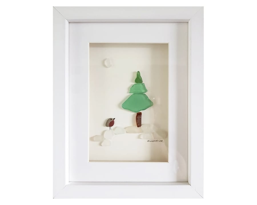 Christmas Tree - Pebble Picture - Framed Unique Handmade Art