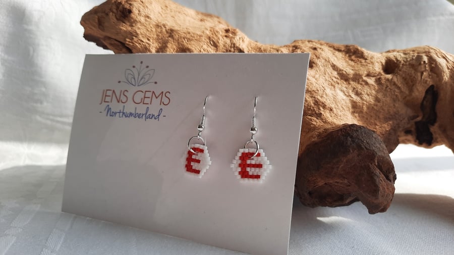 Red and White Letter "E" Beadwork Earrings