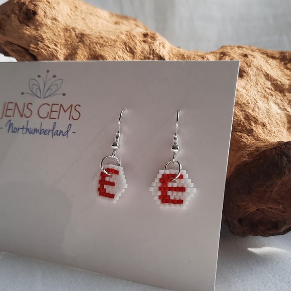 Red and White Letter "E" Beadwork Earrings